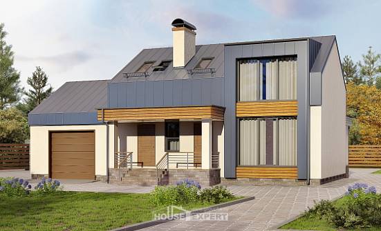 150-015-П Проект двухэтажного дома с мансардой и гаражом, компактный коттедж из твинблока Подольск | Проекты домов от House Expert