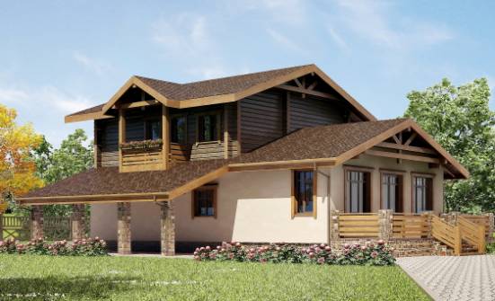 170-004-П Проект двухэтажного дома мансардой и гаражом, компактный коттедж из газобетона из бревен Лобня | Проекты домов от House Expert