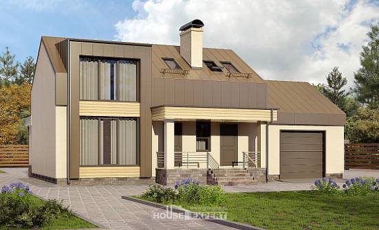150-015-Л Проект двухэтажного дома с мансардой и гаражом, экономичный коттедж из блока Яхрома | Проекты домов от House Expert